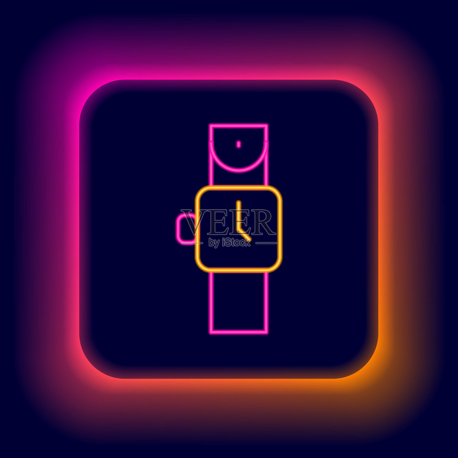 发光的霓虹线手表图标，背景为黑色。手表图标。彩色轮廓概念。矢量图。插画图片素材