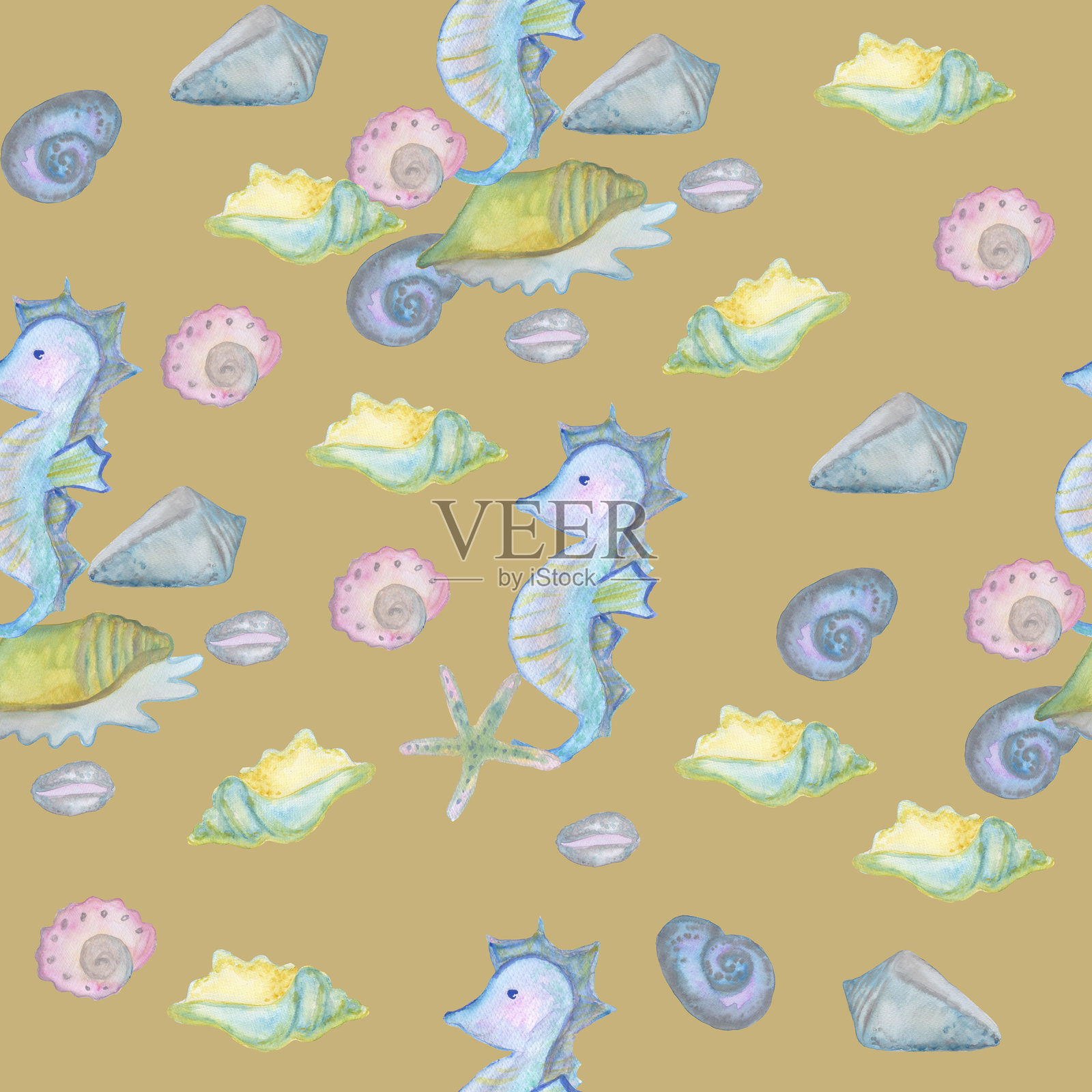 各种海洋贝壳和海马无缝图案，孤立在米色背景上，水彩插图，适用于纺织设计、贴纸、卡片和横幅。插画图片素材