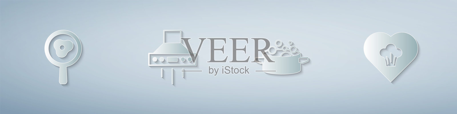 在平底锅上放置煎蛋，厨房抽油烟机，烹饪锅和厨师帽。纸艺风格。矢量图。插画图片素材