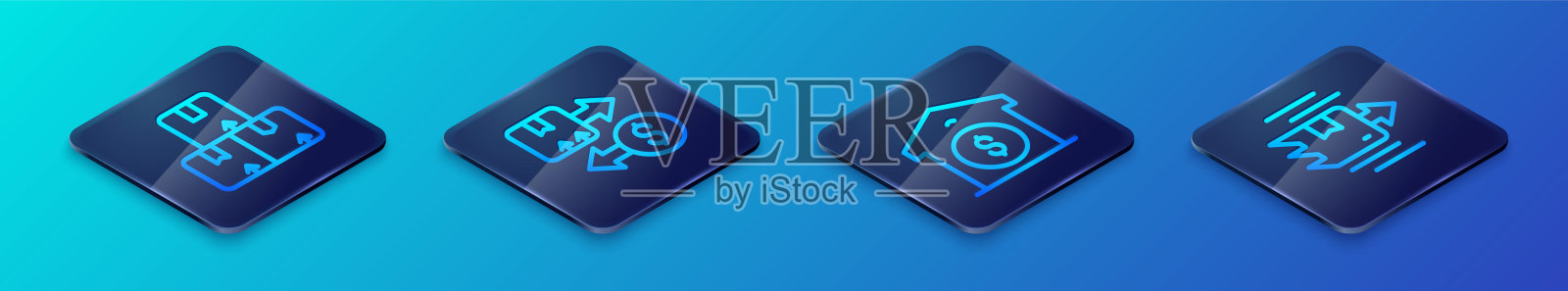 等距线仓库价格、纸箱、纸板箱和税务图标。矢量图。插画图片素材