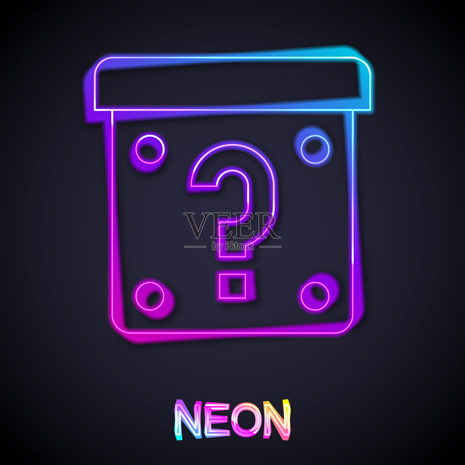 发光的霓虹线条神秘盒子或游戏随机战利品盒图标，背景为黑色。问号。未知的惊喜盒子。矢量图。插画图片素材