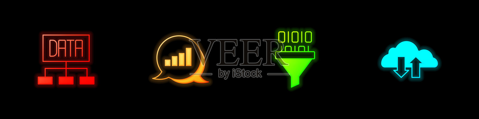 数据分析，饼图信息图，二进制代码和云下载与上传图标。矢量图。插画图片素材