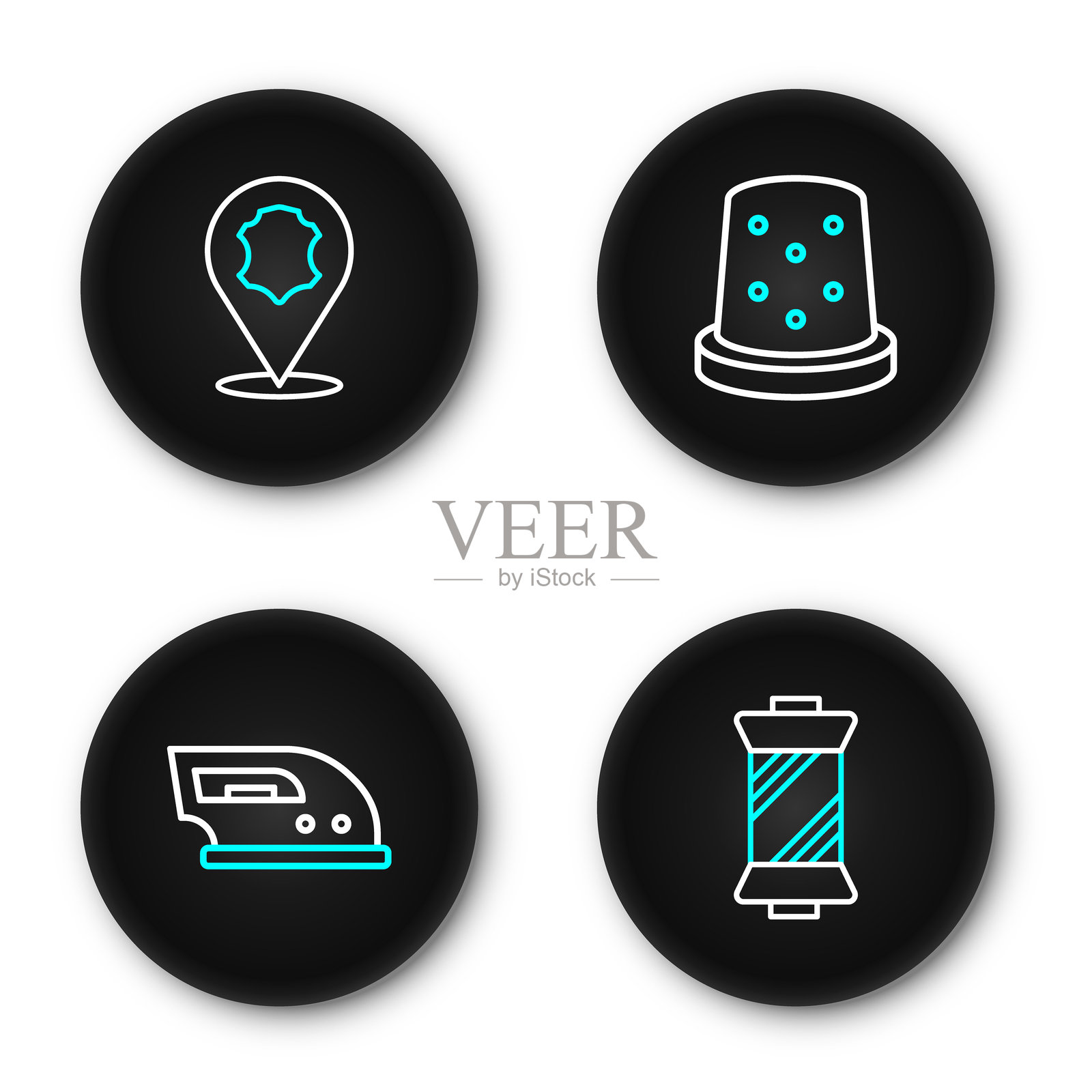 缝纫线卷、熨斗、缝纫顶针和皮革图标。矢量图。插画图片素材