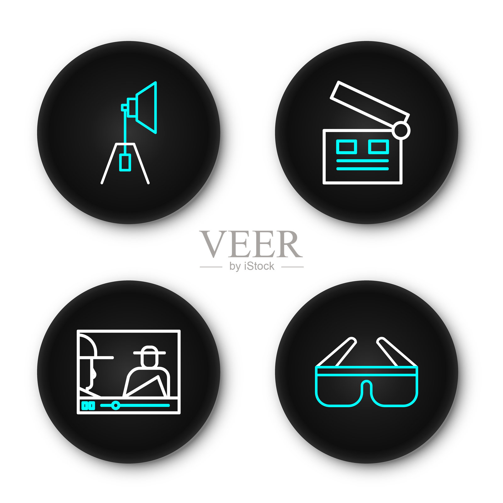 3D影院眼镜、在线视频播放、电影拍板和聚光灯图标。矢量图。插画图片素材