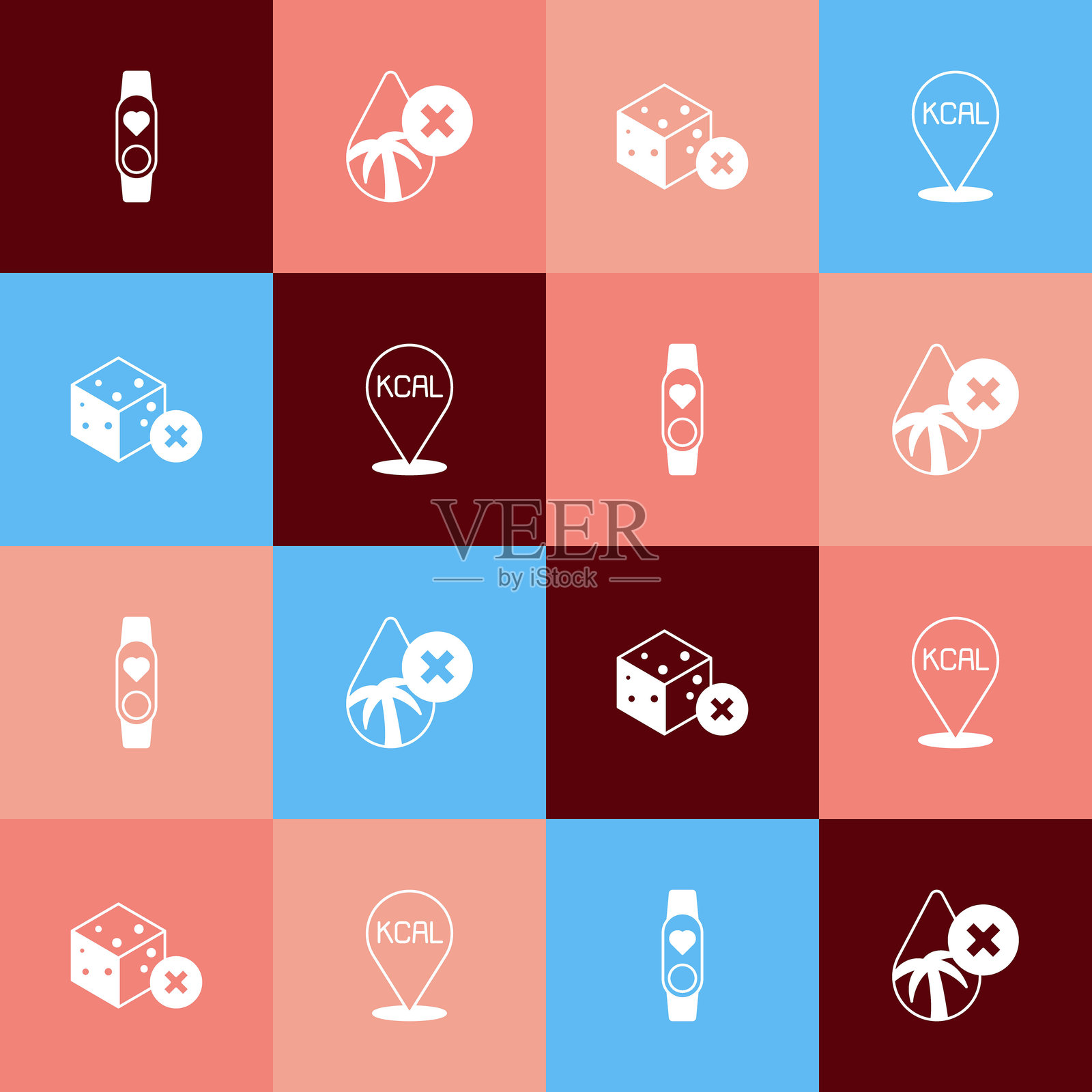 流行艺术风格的智能手表，带有心形图标，棕榈油无添加，无糖和卡路里图标。矢量图。插画图片素材