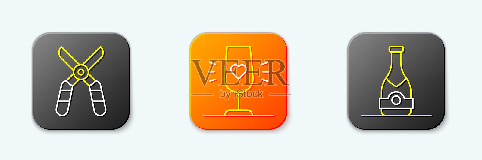 园艺剪刀、酒杯和香槟瓶图标。矢量图。插画图片素材