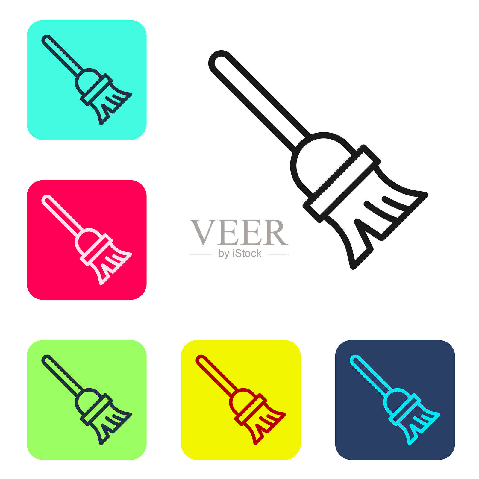 黑色拖把图标，背景为白色。清洁服务概念。彩色方形按钮中的图标集合。插画图片素材