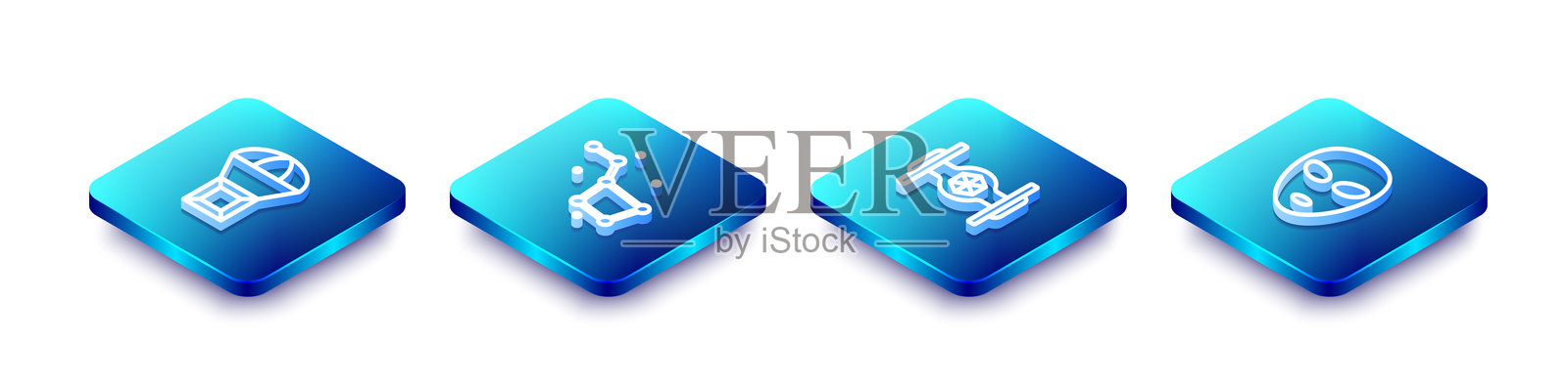 等距线条盒子飞行在降落伞上，大熊座，宇宙飞船和外星人图标。矢量图插画图片素材