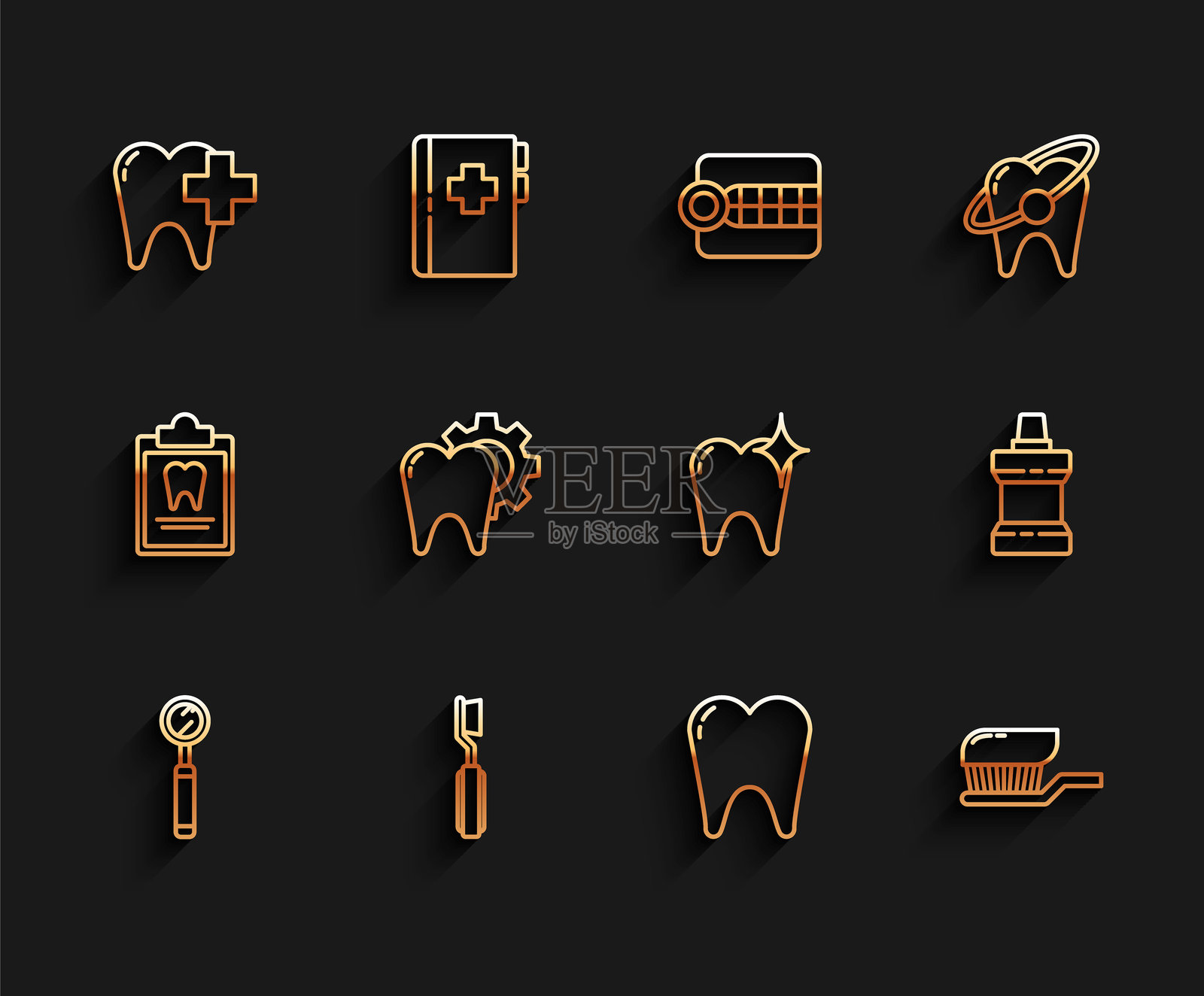 牙科检查镜、牙刷、牙科护理用牙膏、治疗程序、漱口水塑料瓶和美白概念图标。矢量图。插画图片素材