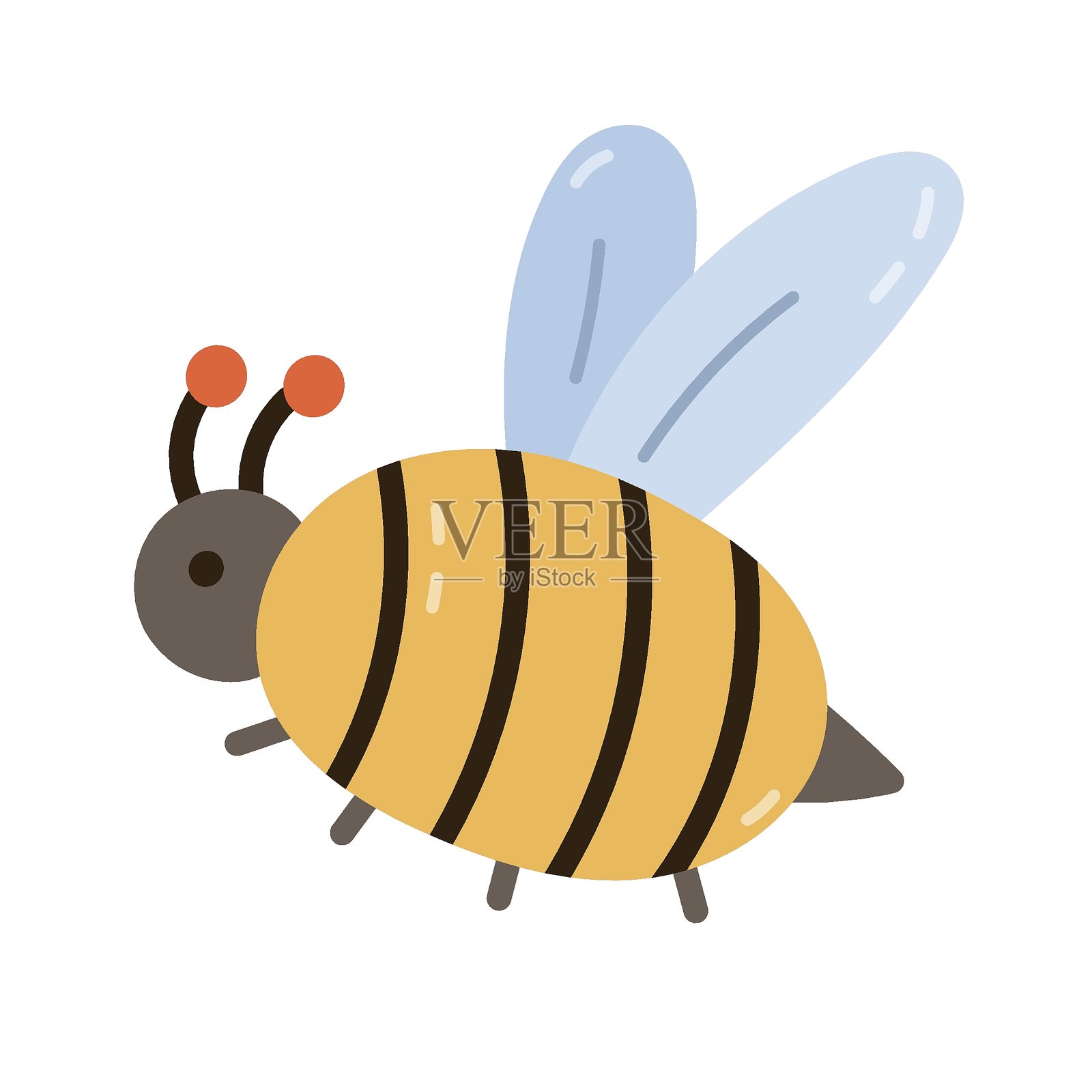 可爱的卡通蜜蜂在飞行。手绘的萌萌的蜜蜂象征着春天，勤劳。搞笑的飞行蜜蜂角色，独立于白色背景，适合海报、卡片和设计。插画图片素材