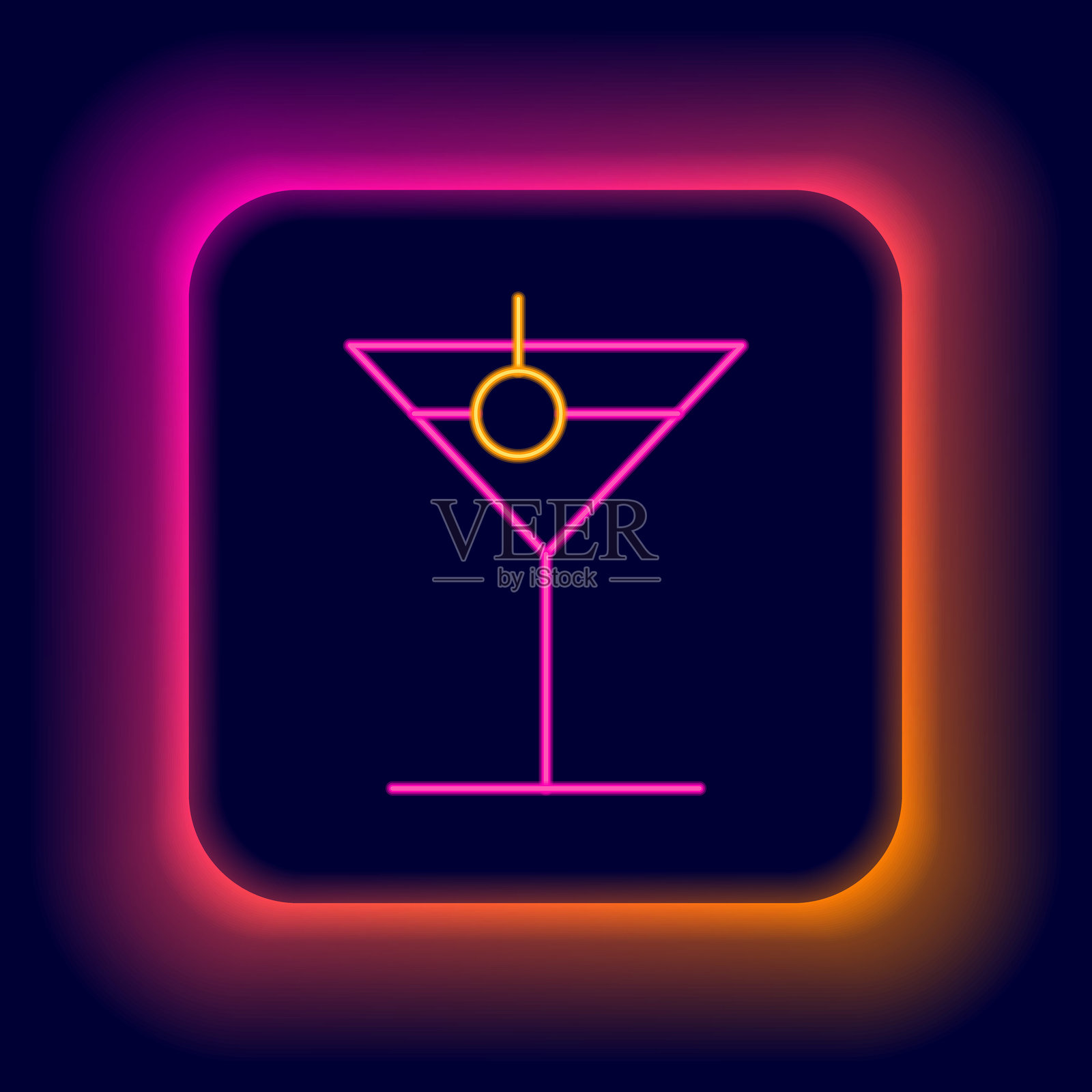 发光的霓虹线马提尼酒杯图标，背景为黑色。鸡尾酒图标。酒杯图标。彩色轮廓概念。矢量图。插画图片素材