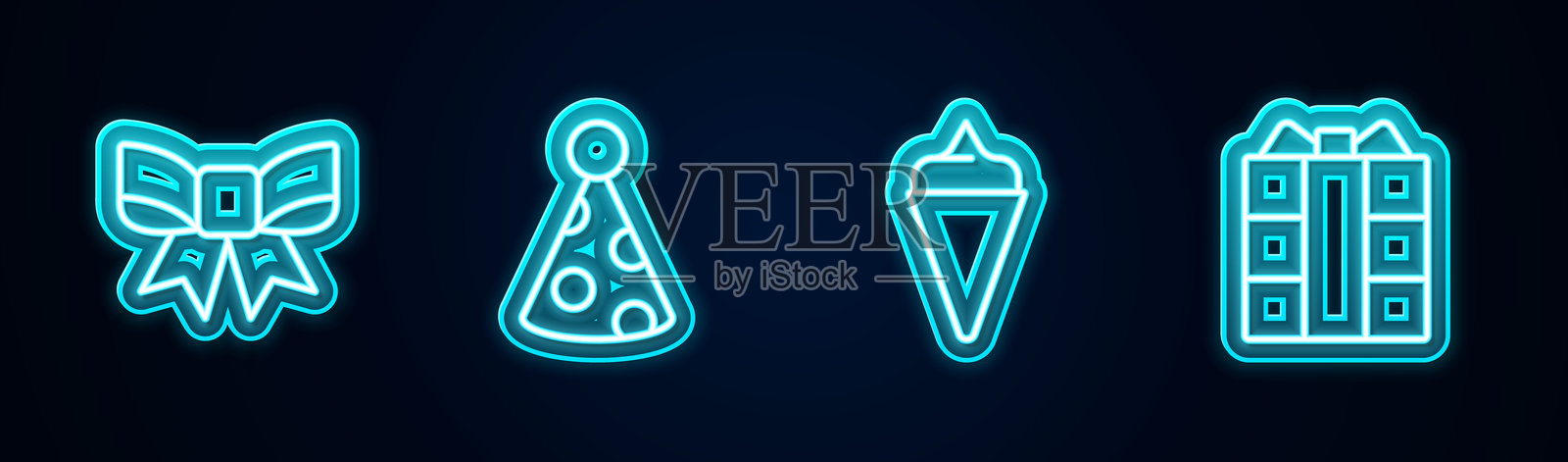 礼品丝带、派对帽、华夫饼冰淇淋和盒子。发光的霓虹图标。矢量图。插画图片素材