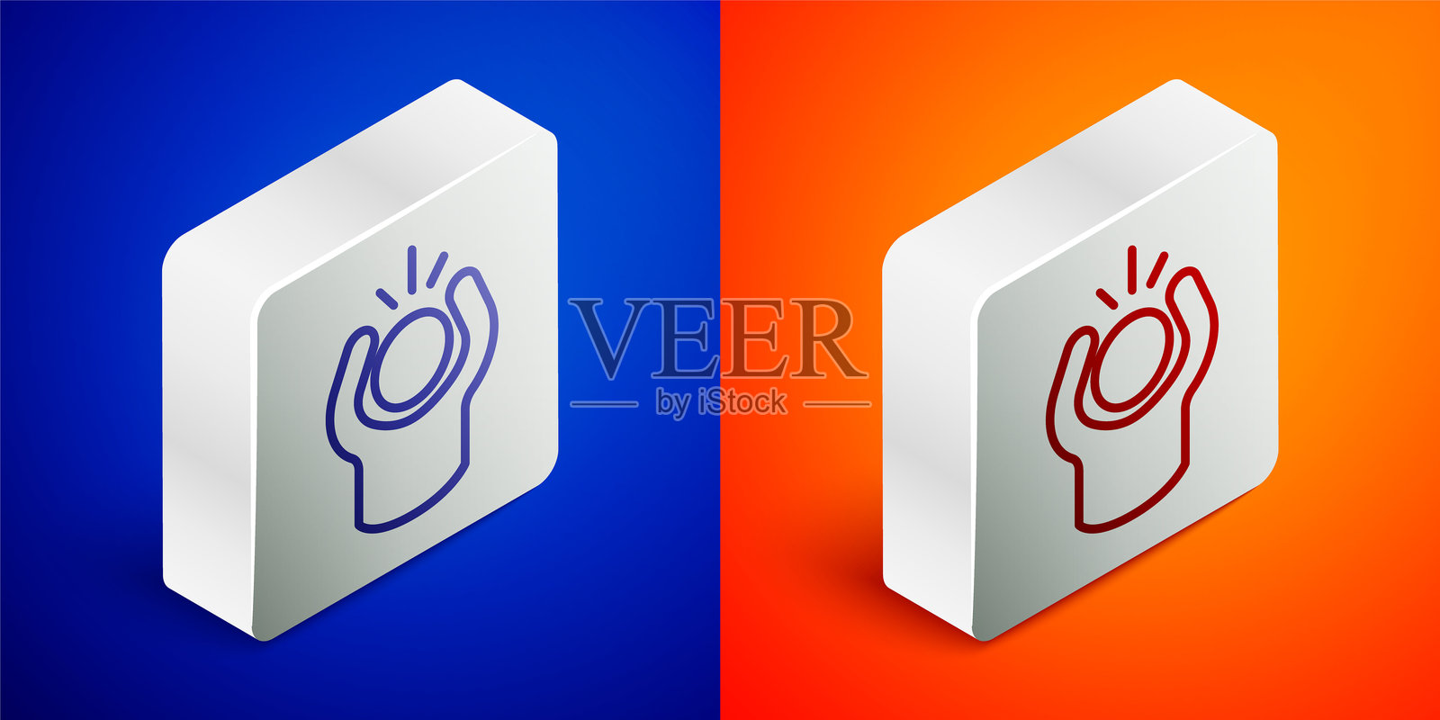 等距线条愤怒图标，孤立在蓝色和橙色背景上。愤怒、愤慨、尖叫的概念。银色方形按钮。矢量图。插画图片素材