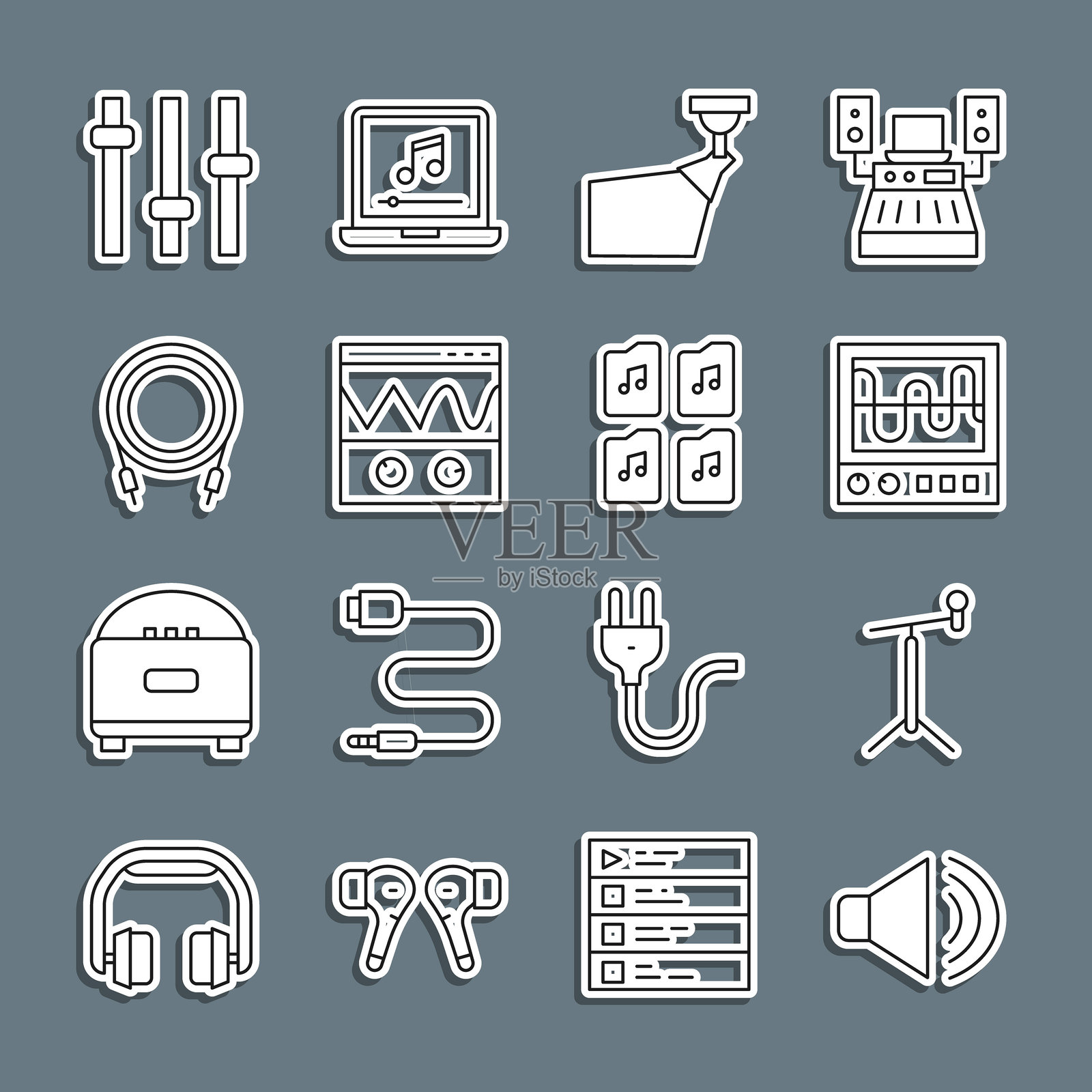 设置音量调节器、带支架的麦克风、示波器、电影聚光灯、音频插孔、音乐均衡器和文件文档图标。矢量图。插画图片素材