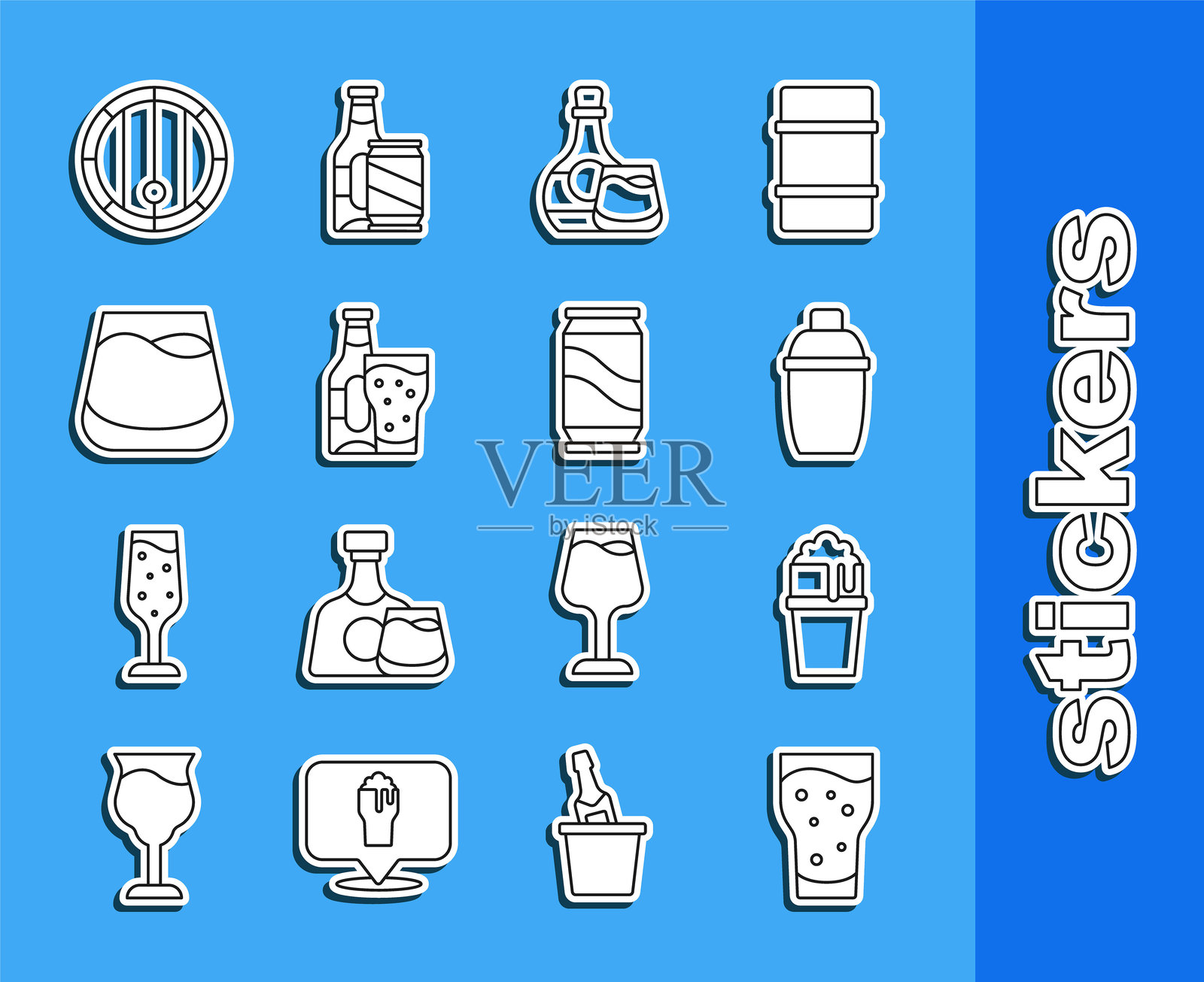 酒杯、鸡尾酒摇壶、威士忌瓶和酒杯、啤酒、威士忌、木桶和罐子图标。矢量图。插画图片素材