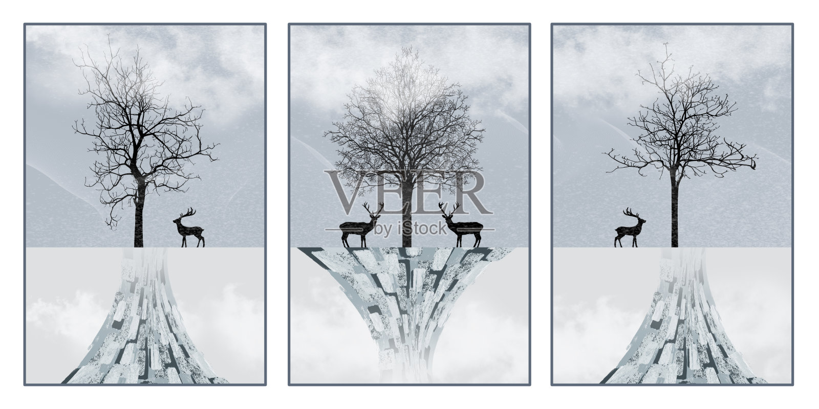 3D抽象墙面框架艺术装饰。青绿色和金黑色的白色三角形形状，鹿和树木在白色大理石背景中。适合客厅装饰的风景艺术作品。照片摄影图片