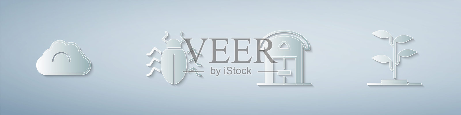 阴天，科罗拉多甲虫，农舍和芽。纸艺风格。矢量图。插画图片素材