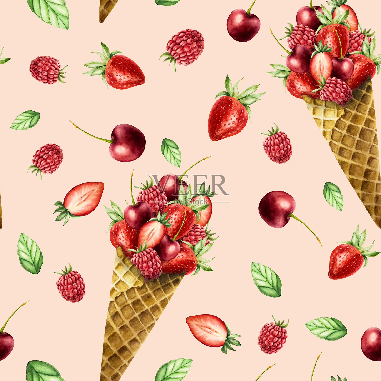 无缝图案，脆脆的冰淇淋华夫筒，里面装满了草莓、覆盆子和樱桃。手绘的甜美水彩插图，背景独立。适用于设计师、菜单、商店、装饰、餐厅，以及明信片、包装纸、封面。插画图片素材