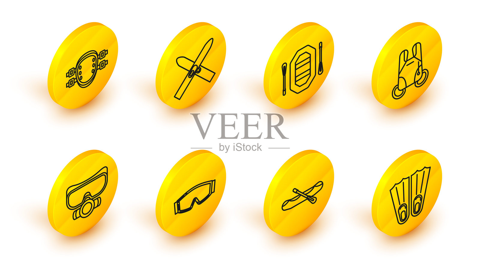 游泳用橡胶脚蹼、漂流船、滑雪护目镜、潜水面罩、降落伞、棍子和护膝图标。矢量图。插画图片素材