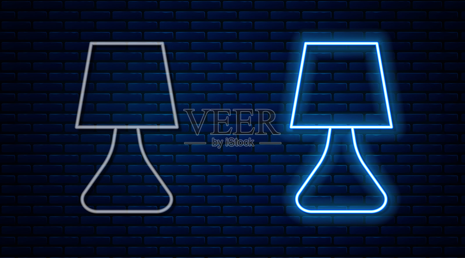 发光的霓虹线桌灯图标，背景为砖墙。台灯。矢量图。插画图片素材