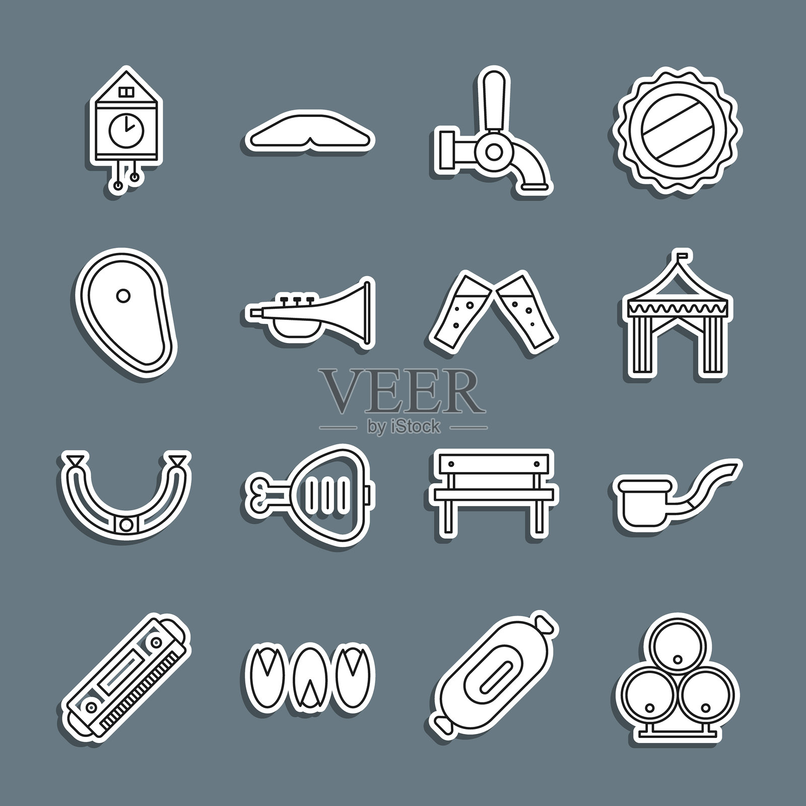 木桶、烟斗、露营帐篷、啤酒龙头、喇叭乐器、牛排、复古墙壁时钟和啤酒杯图标。矢量图。插画图片素材