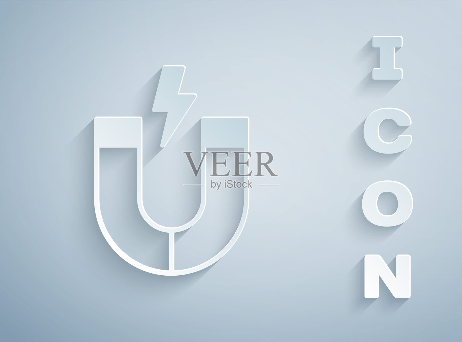 纸剪贴风格的磁铁图标，孤立在灰色背景上。马蹄形磁铁，磁性，磁化，吸引力。插画图片素材