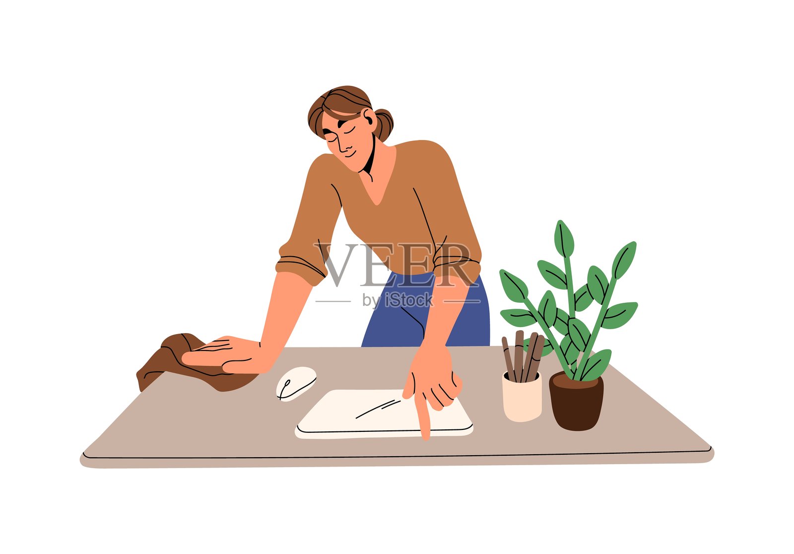 勤奋的女性用抹布擦拭桌上的灰尘，桌上有掸子。这个人关心工作场所的清洁，在家进行湿式清洁。家务，家务劳动。白色背景上的平面孤立矢量插图。插画图片素材