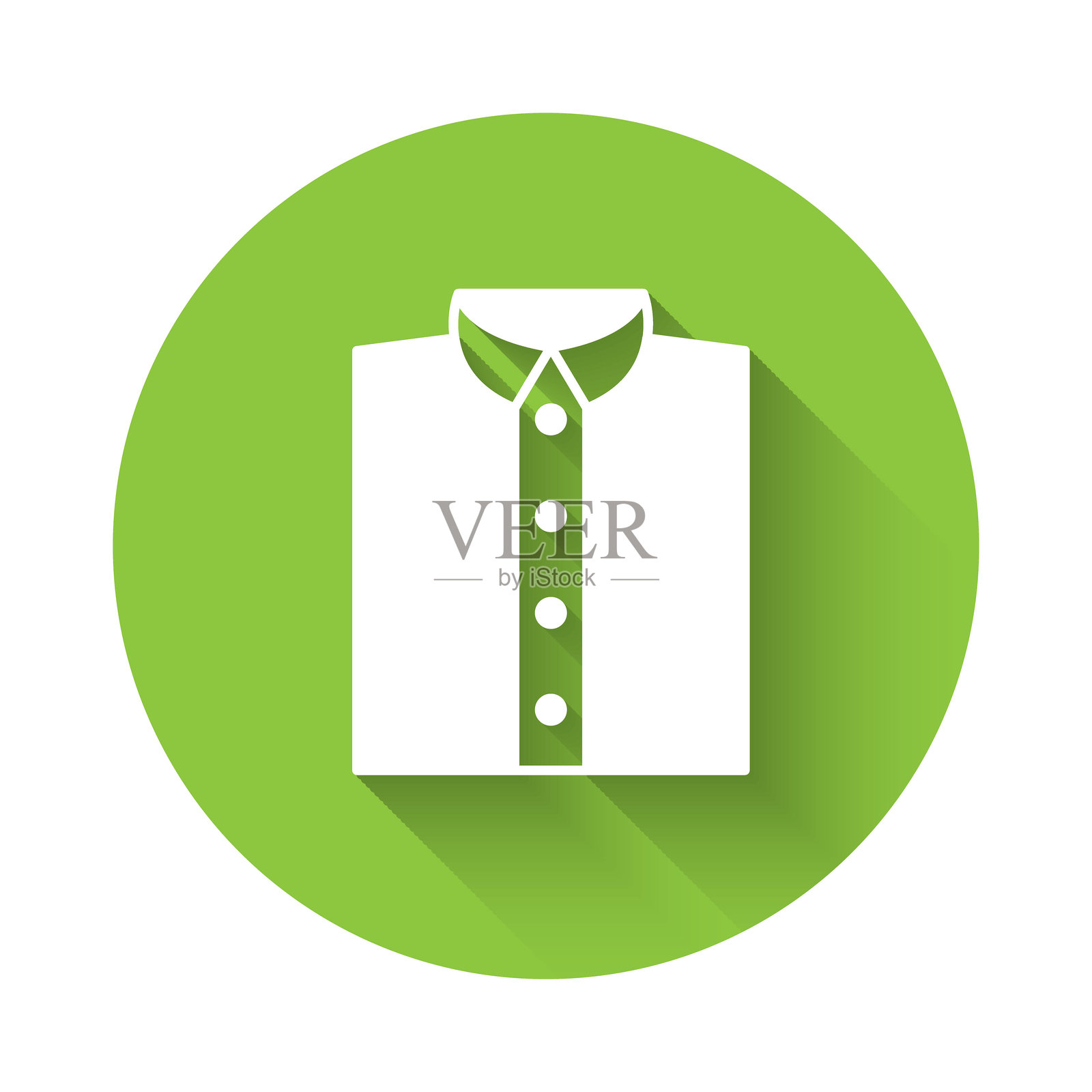 白色衬衫图标，带有长阴影背景。T恤。绿色圆形按钮。矢量图。插画图片素材