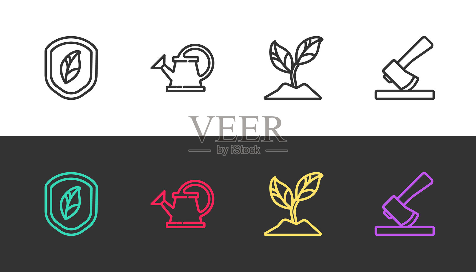 黑白线条图：带叶子的盾牌、浇水壶、植物和木斧。矢量图。插画图片素材