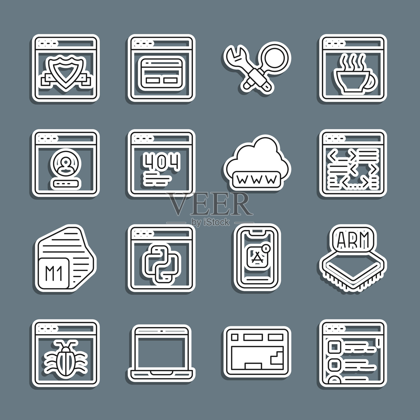 设置行浏览器文件、处理器、软件、调试、404错误页面、创建账户界面、盾牌和网页开发图标。矢量图插画图片素材