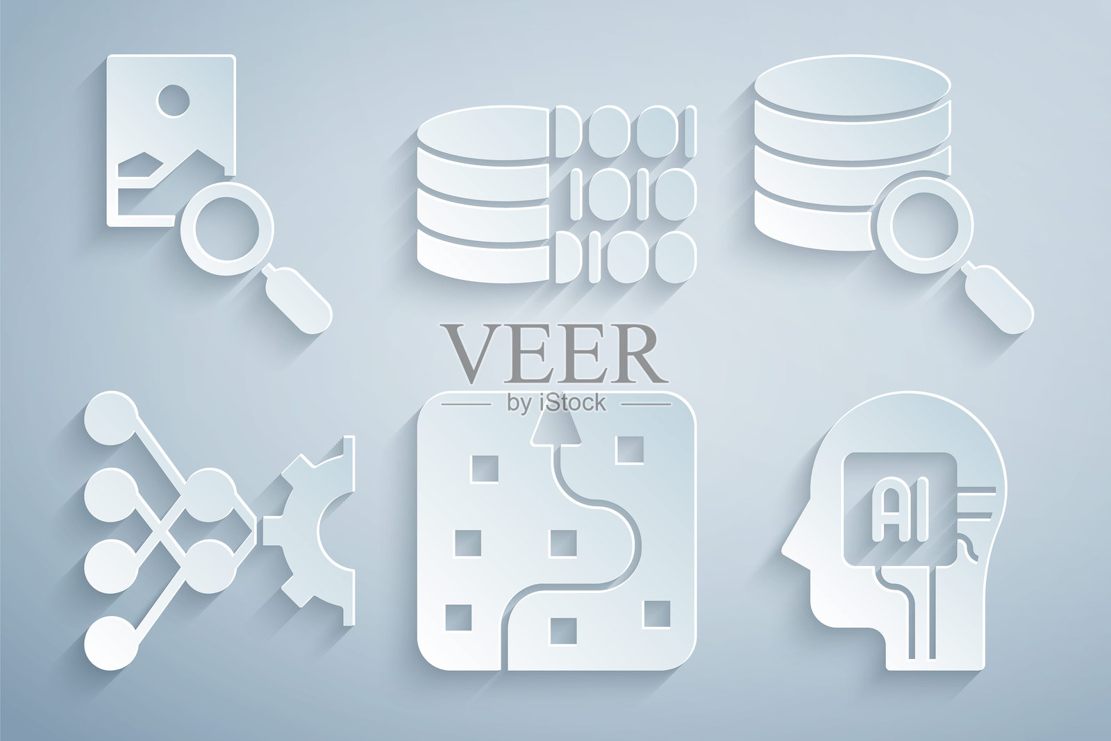 神经网络、服务器、人形机器人、二进制代码和照片修饰图标。矢量图插画图片素材