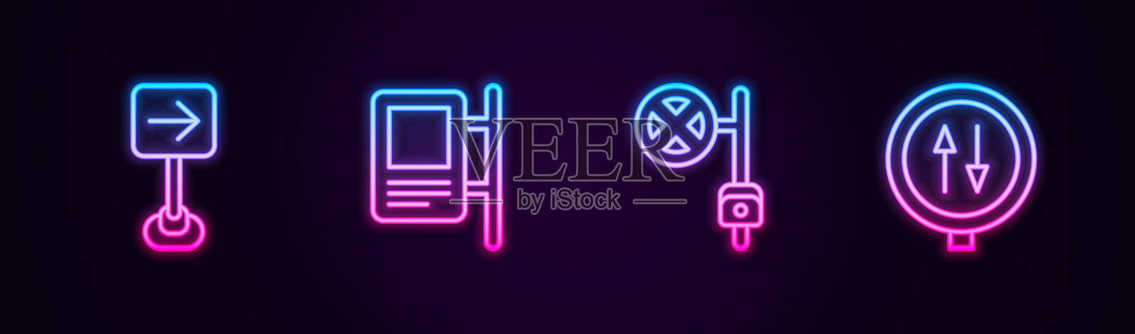 右转交通标志，路面交通，带摄像头的停车标志和双向警告。发光霓虹图标。矢量图。插画图片素材