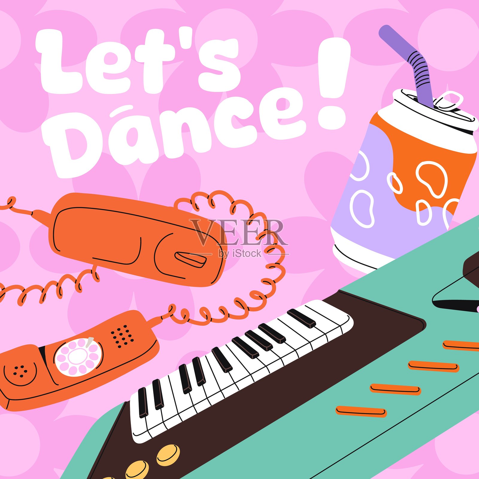 复古风格派对的卡片设计。宣传80年代怀旧、90年代氛围和70年代美学的舞蹈活动。1980年代迪斯科、狂欢派对、夜总会的广告模板。平面矢量插图。插画图片素材