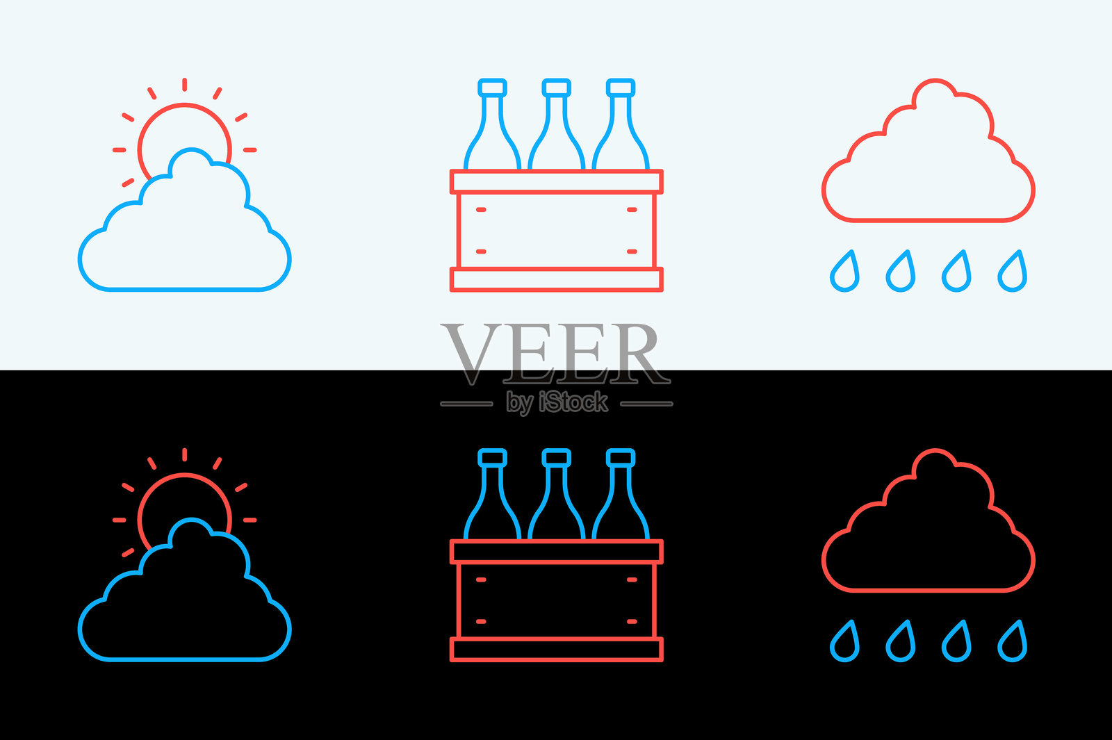 云朵带雨、阳光与云朵天气以及酒瓶盒图标的矢量图插画图片素材