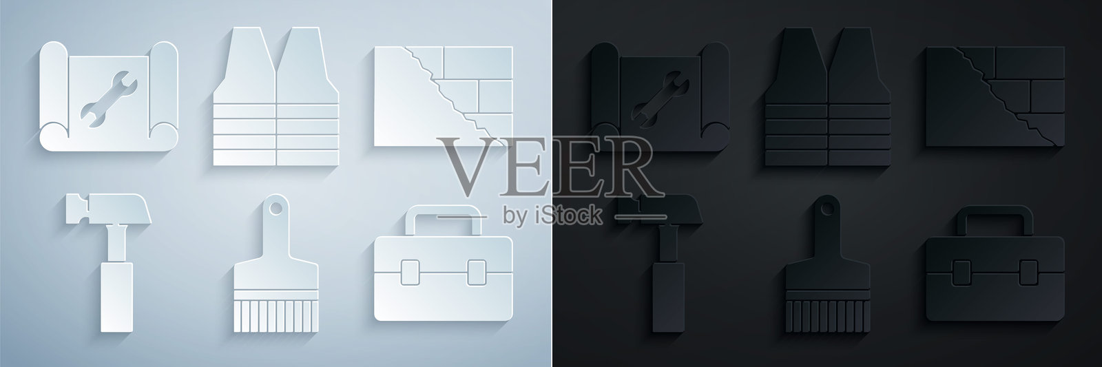 油漆刷、砖块、锤子、工具箱、安全背心、绘图纸和扳手图标。矢量图。插画图片素材