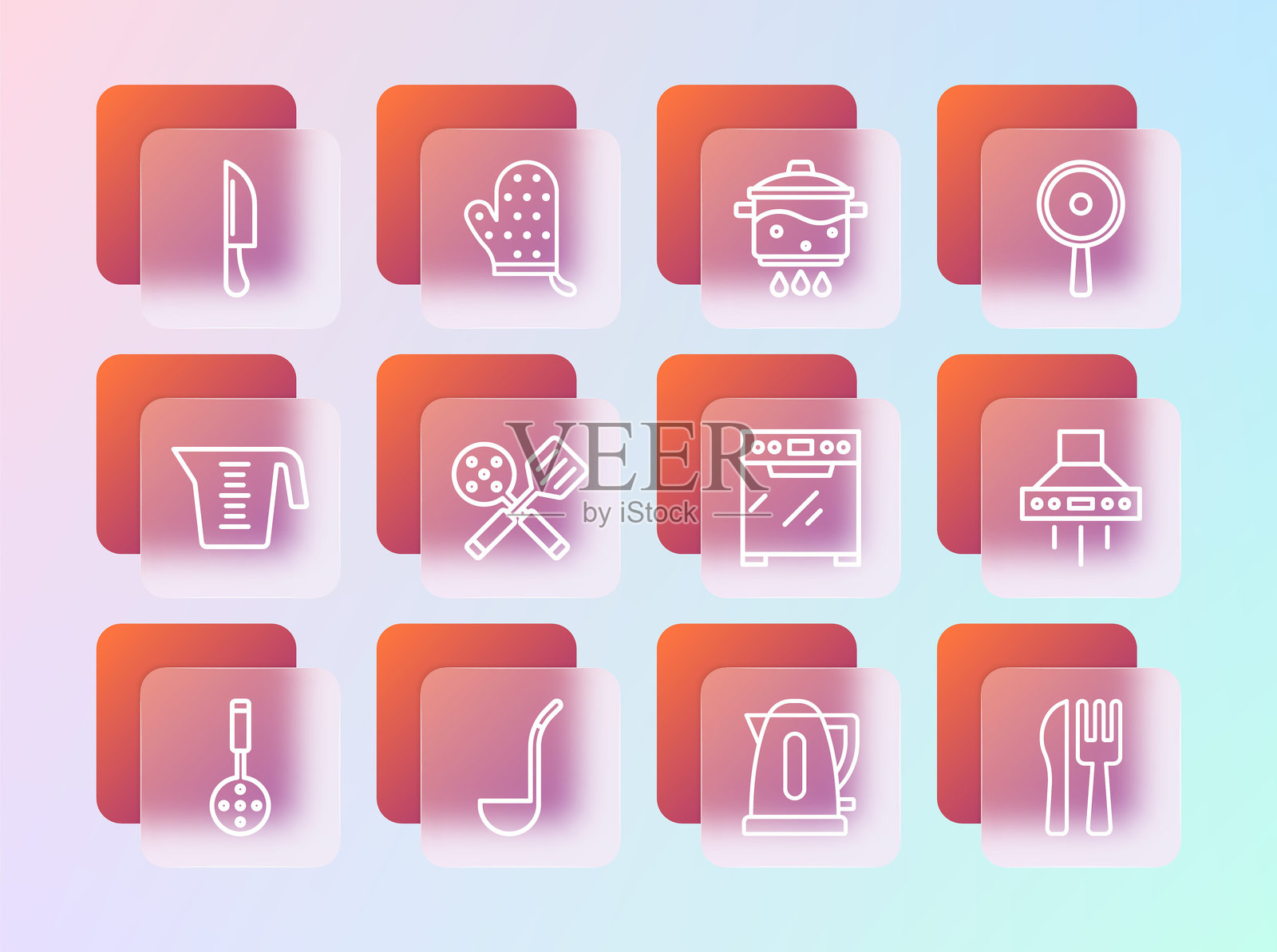 平底锅、厨房勺、烤箱、电热水壶、铲子、在火上煮的锅、刀和手套图标。矢量图。插画图片素材