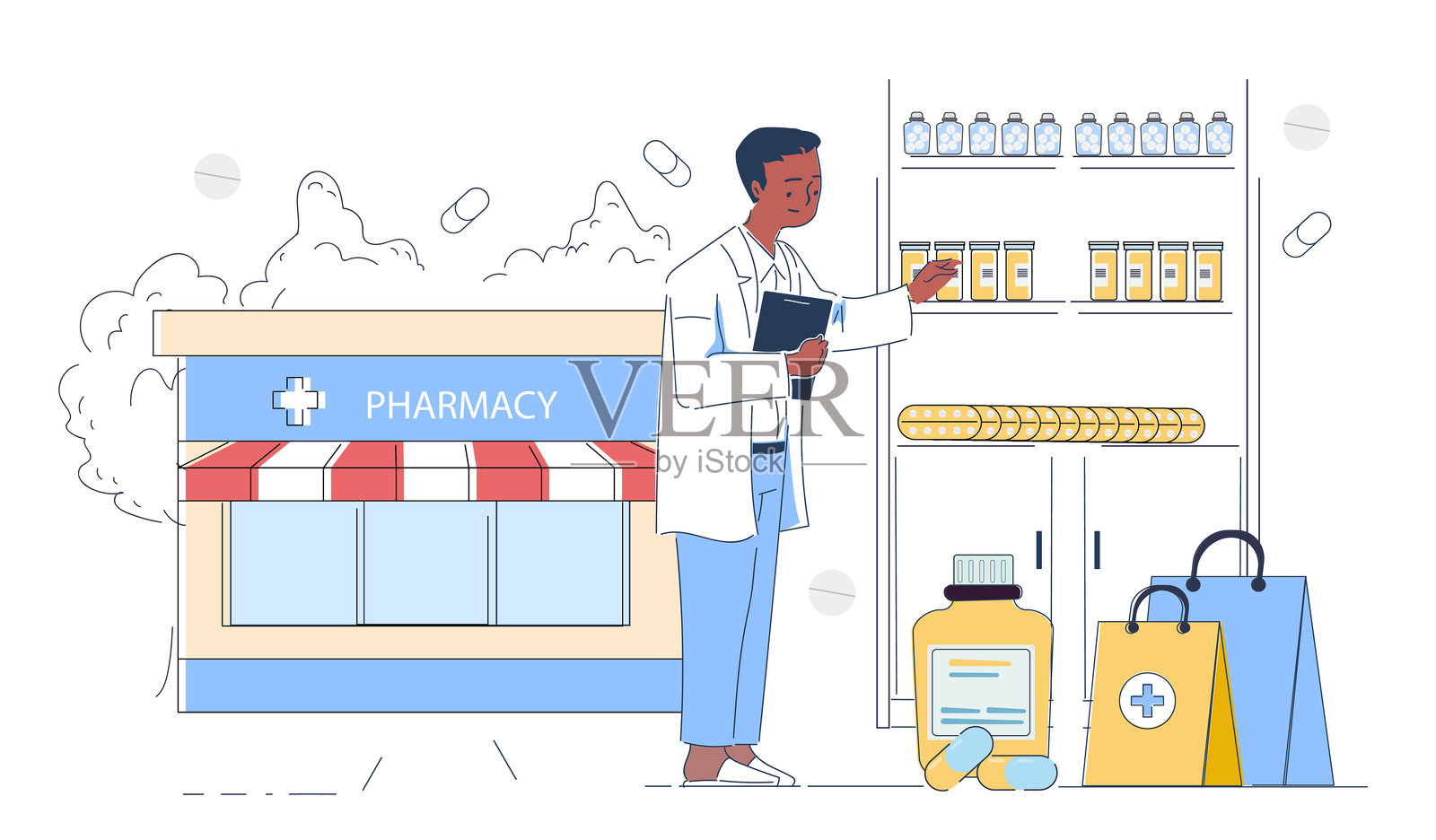 药剂师在药店工作。矢量插图插画图片素材