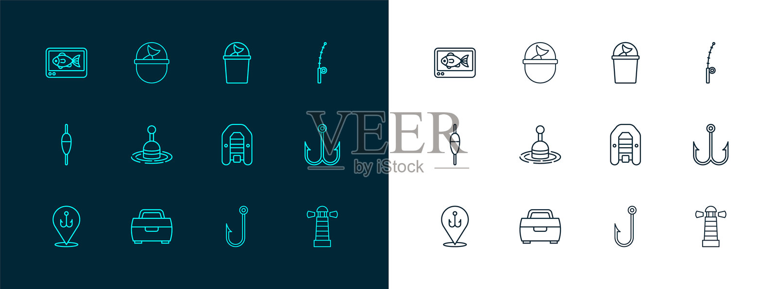 钓鱼竿、钓具箱或盒、带马达的充气船、钩子、浮漂、水桶、探鱼器和图标。矢量图。插画图片素材
