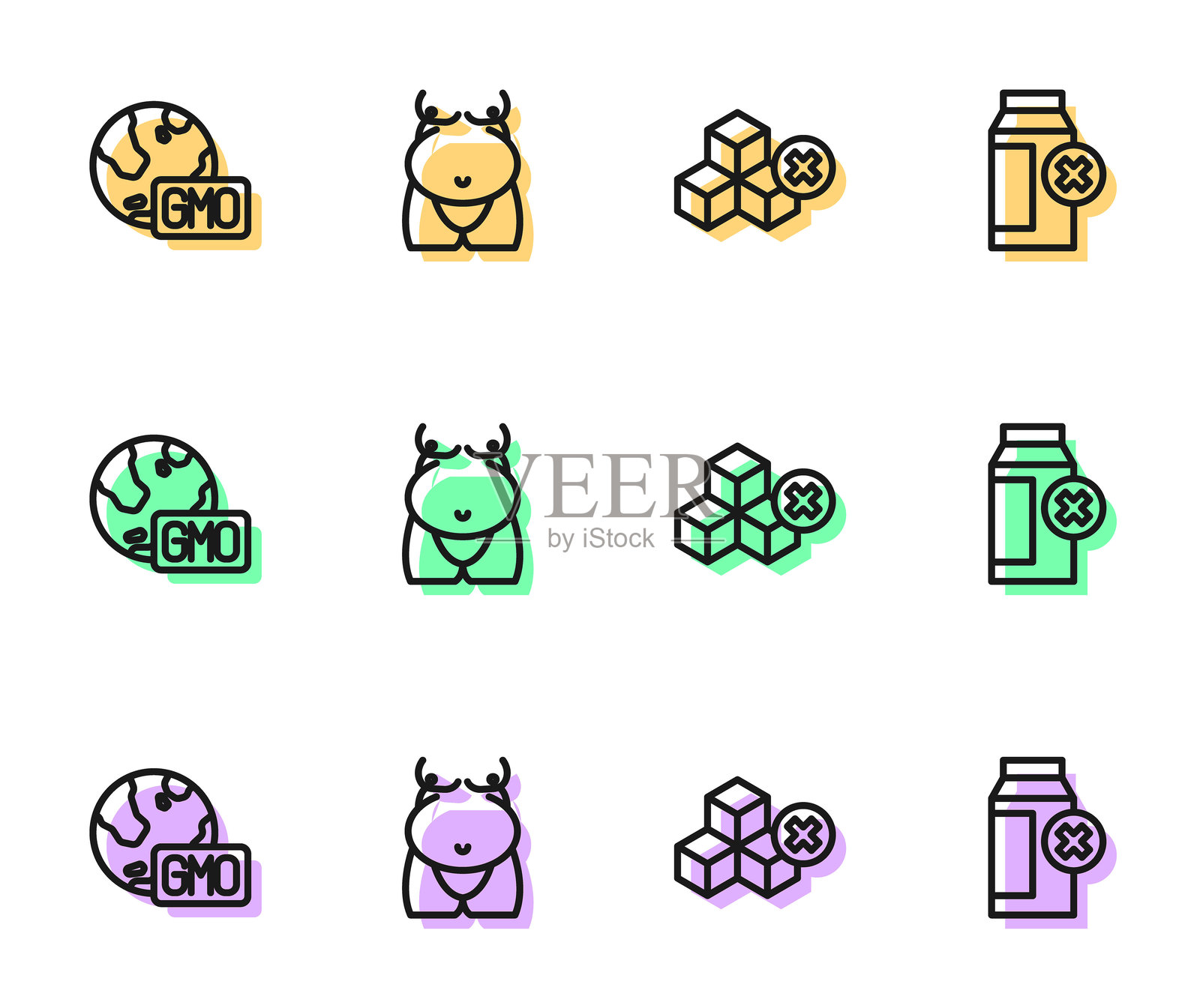 无糖、非转基因、肥胖和乳糖不耐受图标。矢量图。插画图片素材