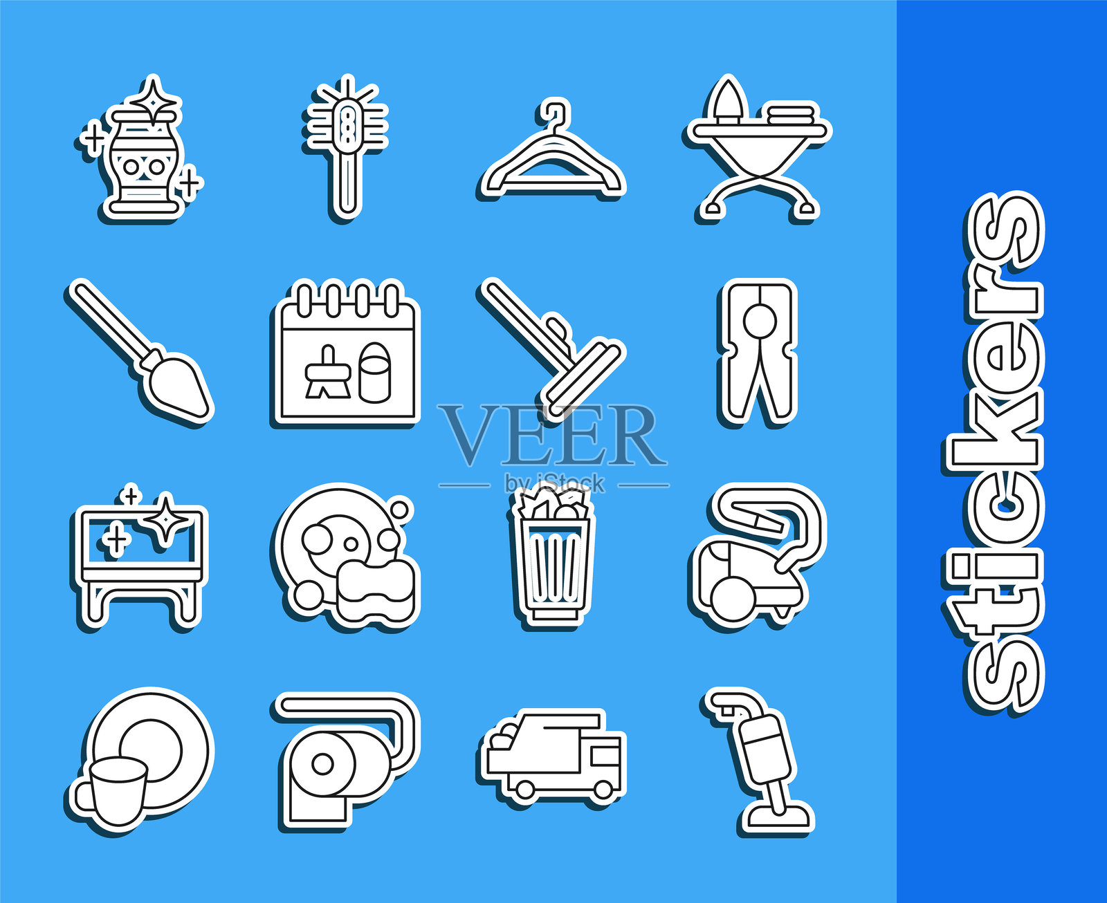 吸尘器、衣夹、衣架、清洁日历、扫把手柄、花瓶和拖把图标。矢量图。插画图片素材