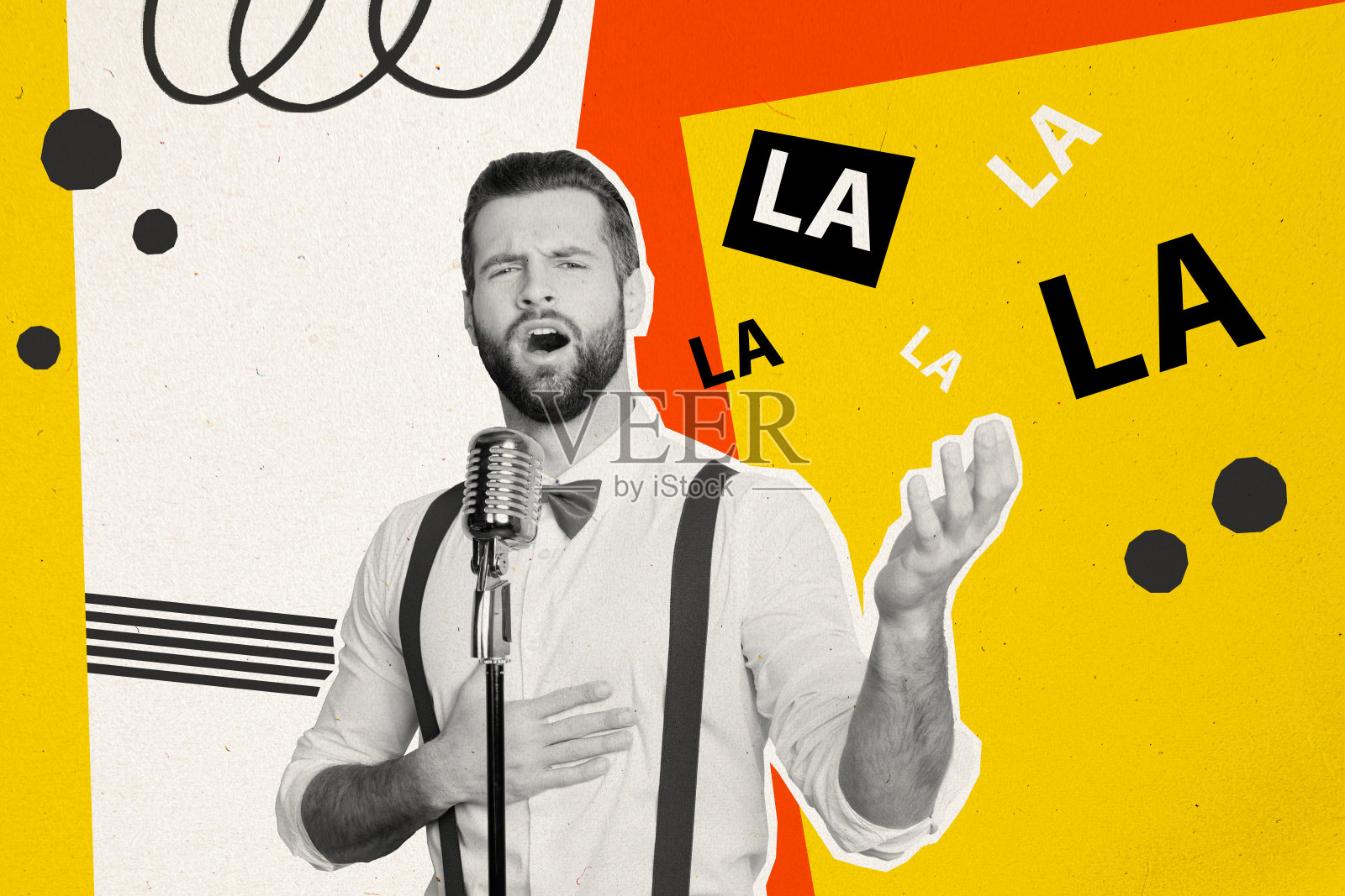 吸引人的绅士在舞台上演唱热门歌曲“啦啦啦”的拼贴画，背景为涂鸦风格。照片摄影图片