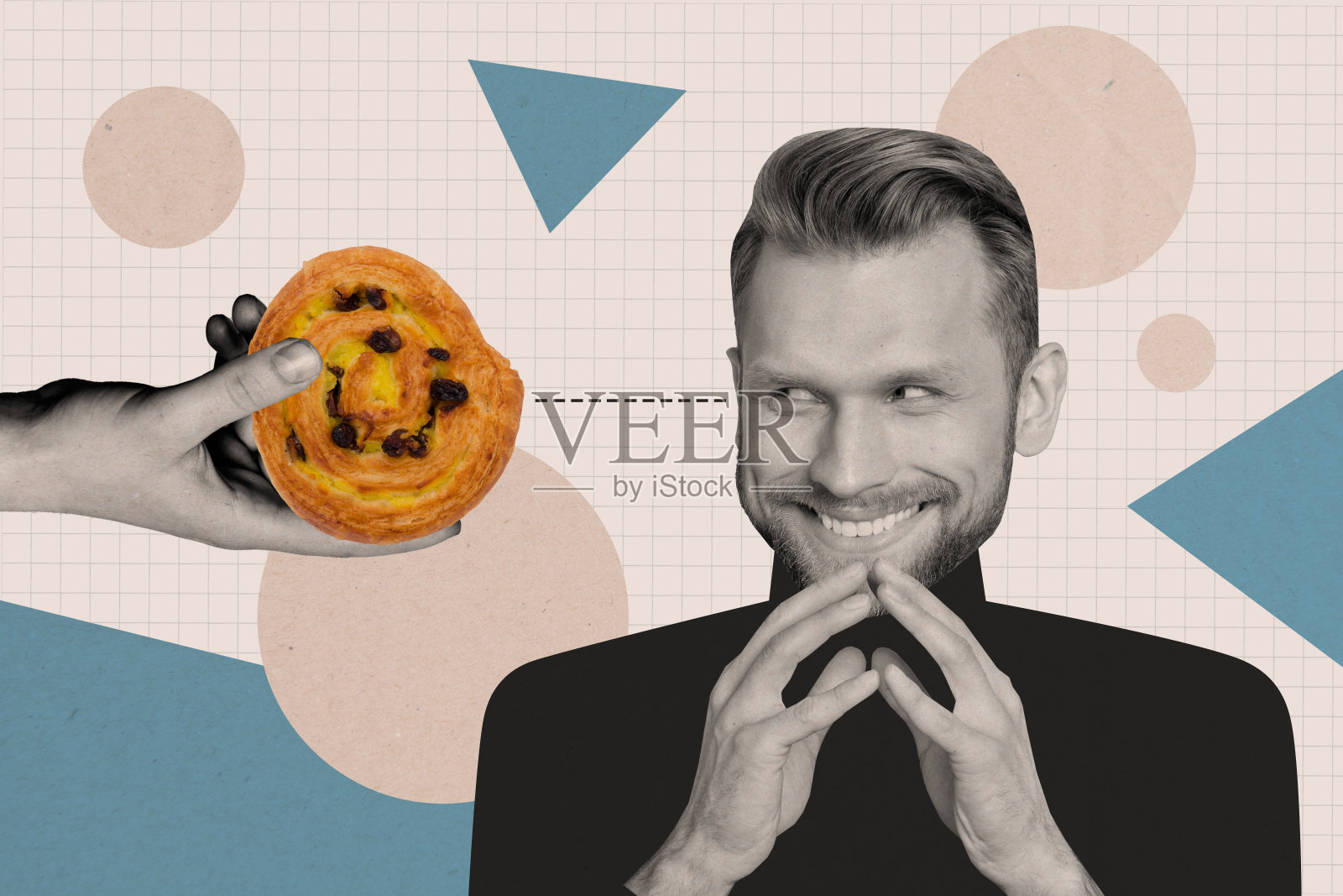 创意拼贴画，年轻男子渴望诱人的面包店甜点，饥饿的营养热量，饮食咖啡菜单点单照片摄影图片