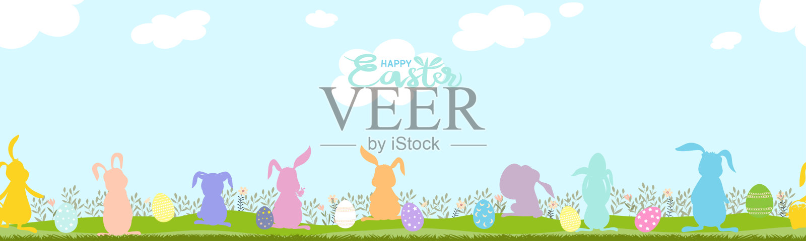 复活节背景，无缝图案春天的田野和蓝天风景，兔子在寻找复活节彩蛋，横幅矢量可爱卡通兔子在草地上。春季横幅用于复活节贺卡。插画图片素材