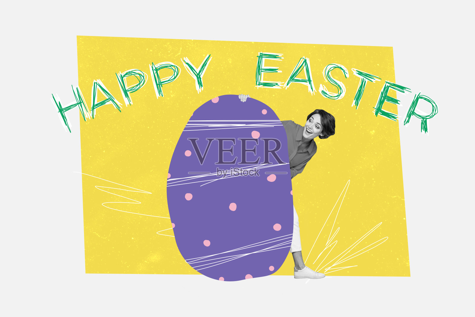 快乐女孩从巨大的彩绘复活节彩蛋中探出头来，创意照片拼贴，背景是涂鸦的复活节氛围。照片摄影图片