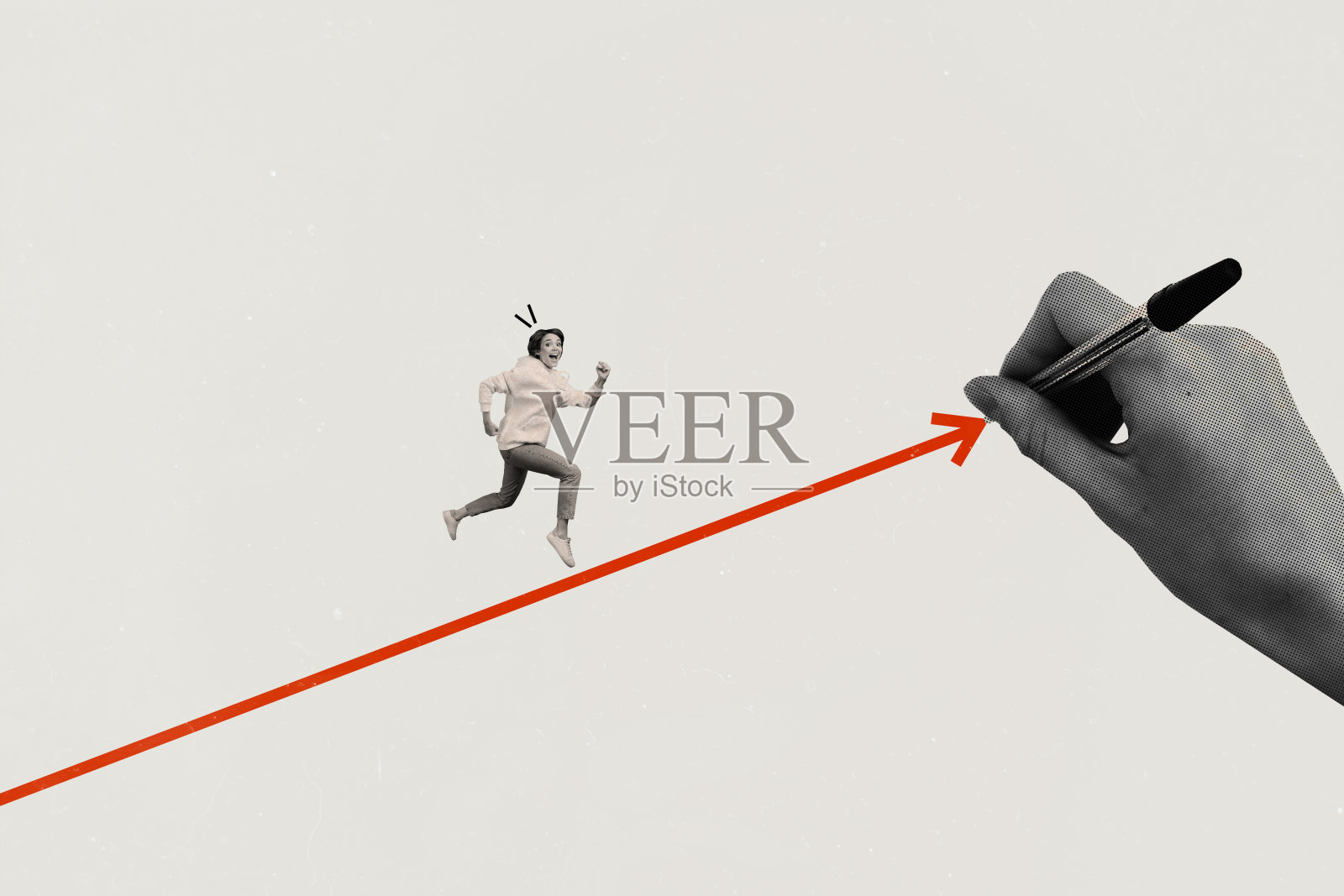当代商业拼贴画，展现一位自我激励的年轻女员工在灰色背景上奔跑，追逐图形趋势线。照片摄影图片