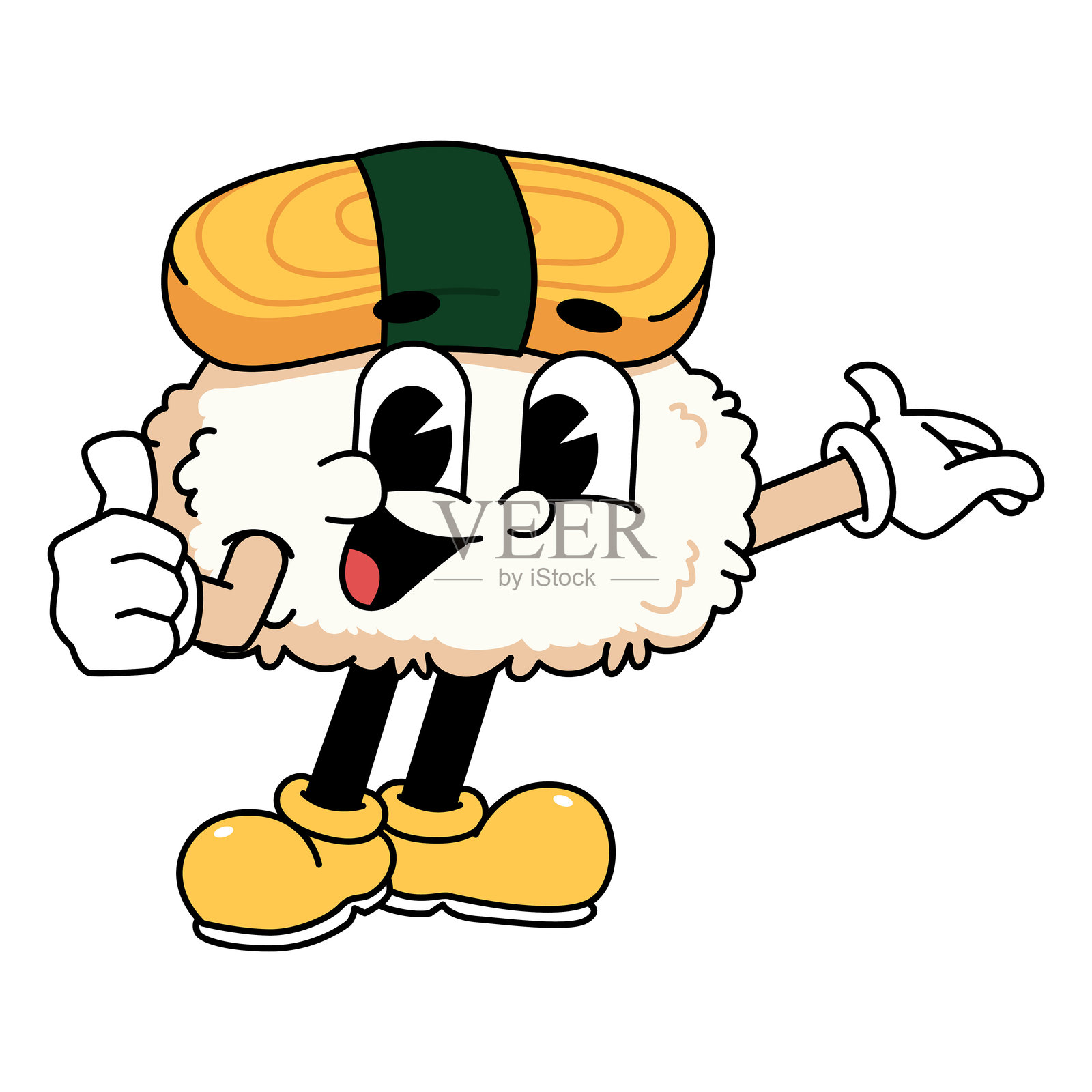 复古寿司吉祥物，蛋寿司竖起大拇指的姿势插画图片素材