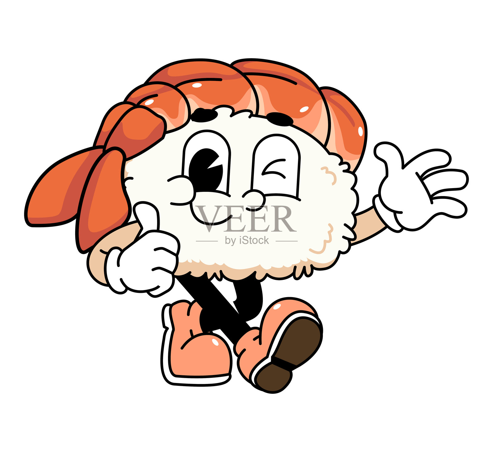 复古寿司吉祥物，虾寿司与三文鱼寿司一起走。插画图片素材