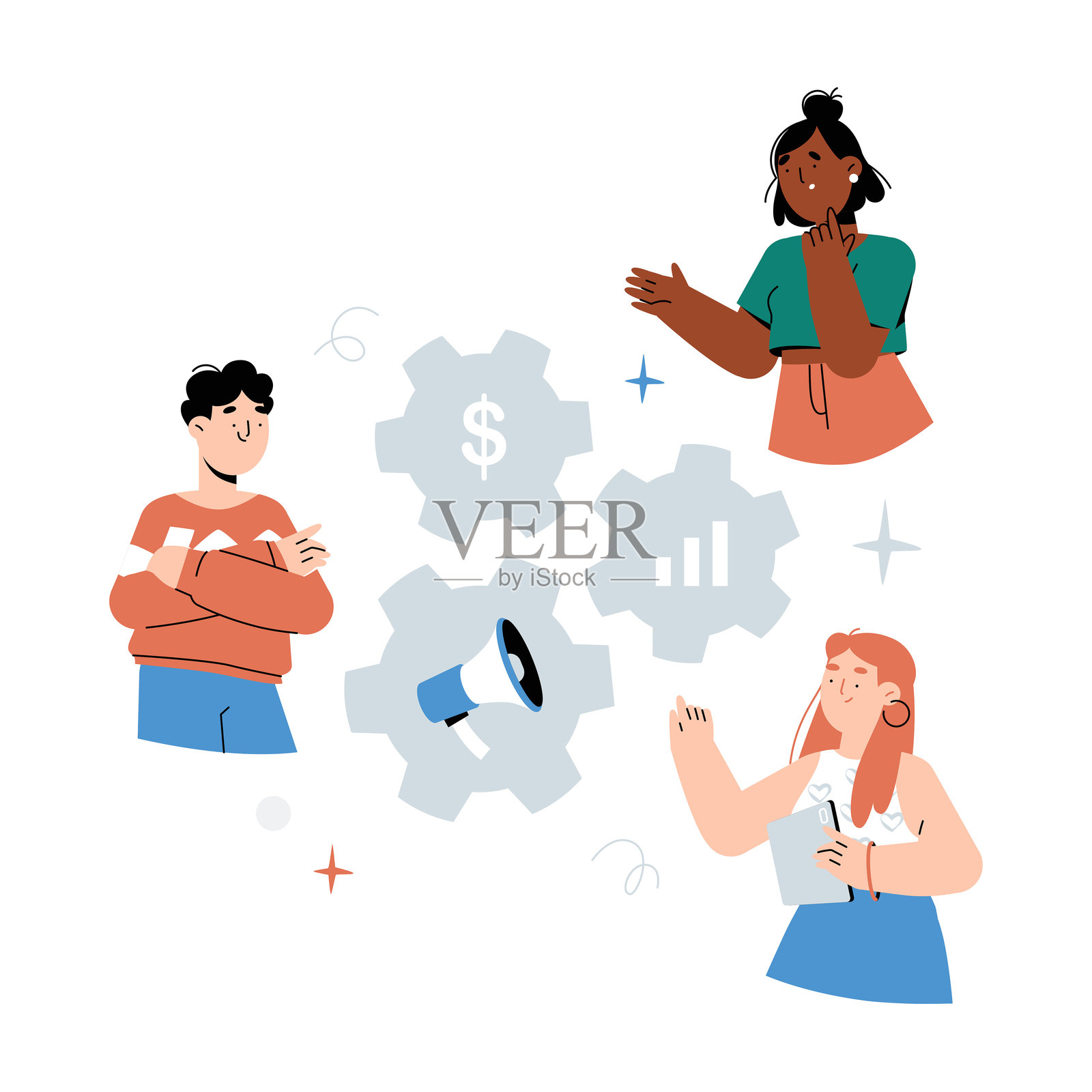 商业团队讨论市场策略的扁平矢量插图，象征着合作、广告和财务增长，背景为白色。插画图片素材