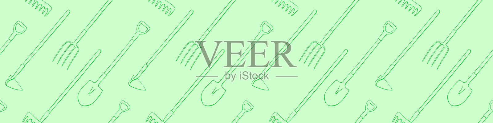 无缝图案，包含园艺工具：铲子、铁锹、耙子、锄头、叉子。适用于农场、别墅、乡村场地的工具矢量背景和纹理，采用平面涂鸦风格。插画图片素材