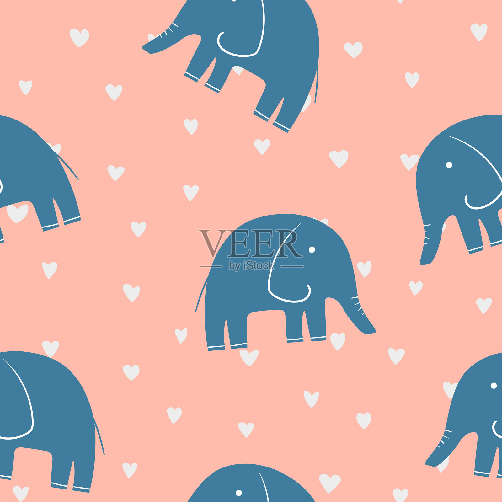 卡通小象的动物无缝图案，背景色彩丰富。可爱的节日插图，适用于邀请函、海报、卡片、面料、纺织品和包装纸设计。插画图片素材